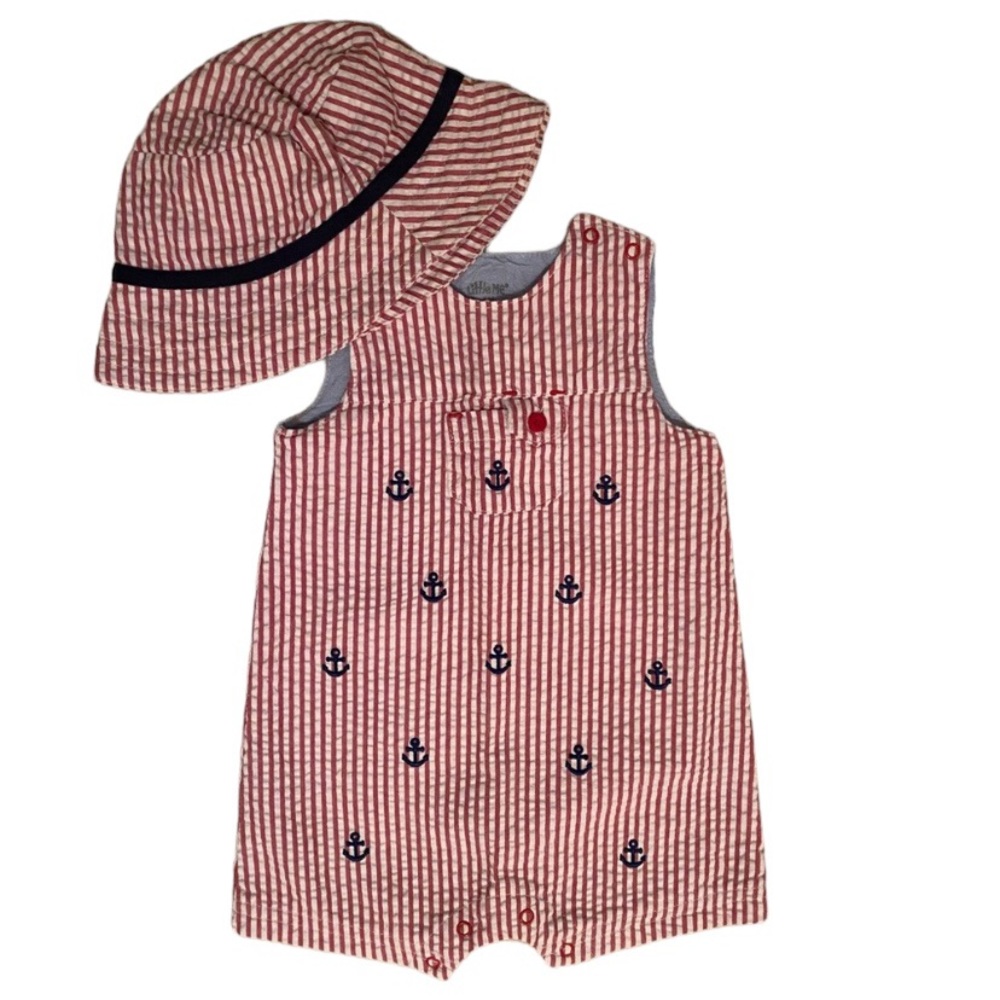 Little Me Red Seersucker Nautical Romper Size 6M Baby Boy With Matching Hat